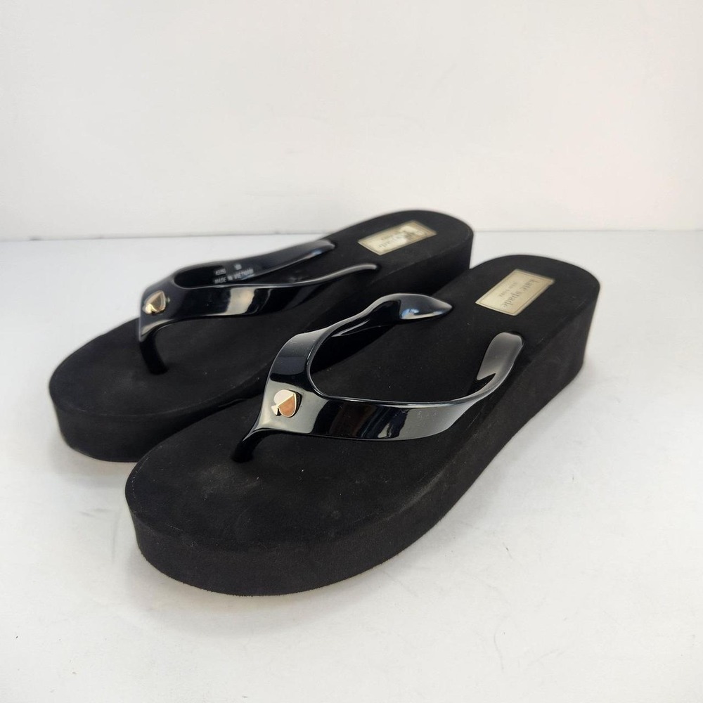 Kate Spade New York Women's Size 8B Black Platform Wedge Flip Flop Sandals Spade